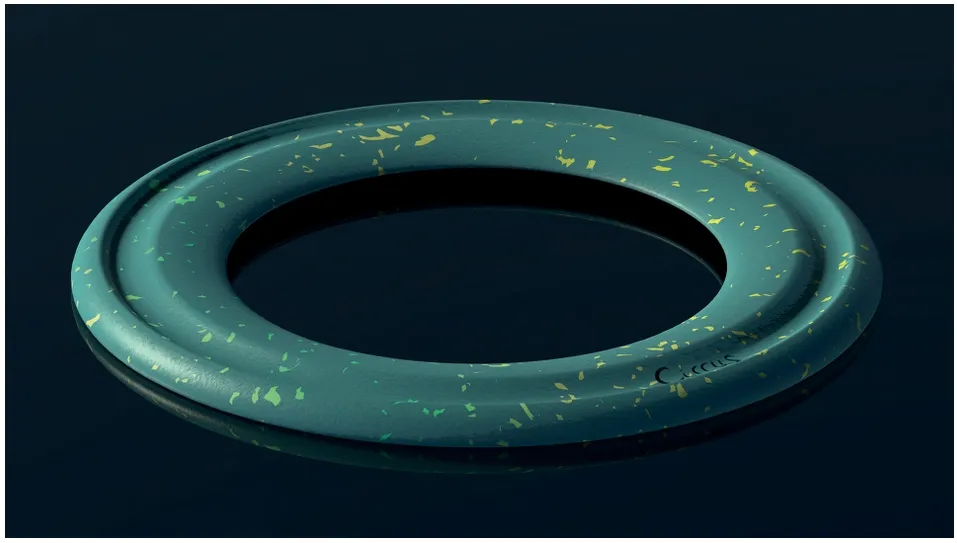 THUDPUK final Keyshot render — recycled plastic boomerang-form flying toy with TwoSix branding